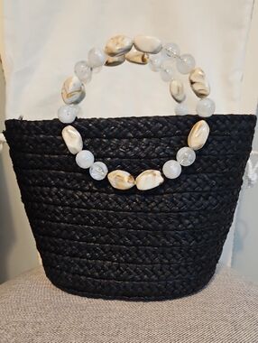 Helen Kaminski Black Woven Tote with Cream Beaded Handles